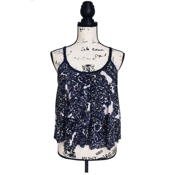 Anthropologie One September Draped Tank Top Sz S Blue White Floral Rayon - Picture 1 of 3